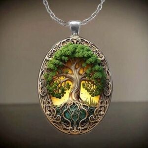 Tree of Life Pendant Necklace - Green & Gold
